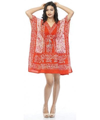 Women Kaftan Night Dress Kimono Caftan Beach Maxi Boho Short Top Tunic Cover Up Elephant Printed Casual Light Pink Orange $9....