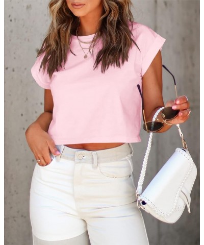 Women Summer Crop Tops Casual Round Neck Cropped T Shirt Solid Color Basic Tees 03-pink $11.39 T-Shirts