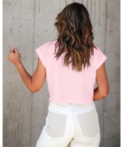 Women Summer Crop Tops Casual Round Neck Cropped T Shirt Solid Color Basic Tees 03-pink $11.39 T-Shirts