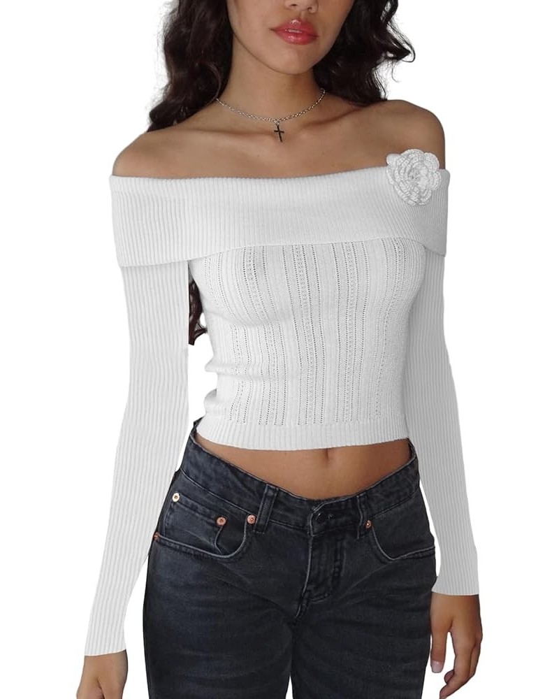 Women's Crochet Knit Mesh Sweater Square Neck Long Sleeve Color Block Y2k Pullover Crop Tops Blouse Tops Off Shoulder-rose-wh...