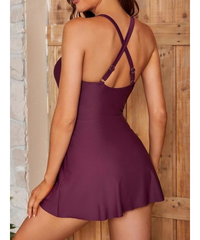 One Piece Swimdress Swimsuits for Women V Neck Crisscross Swim Dresses Skirted Tummy Control Bathing Suit Blackberry $18.47 S...