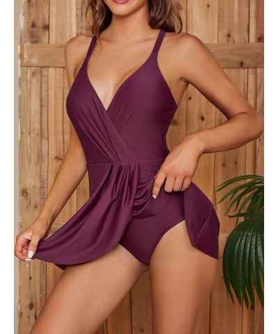 One Piece Swimdress Swimsuits for Women V Neck Crisscross Swim Dresses Skirted Tummy Control Bathing Suit Blackberry $18.47 S...