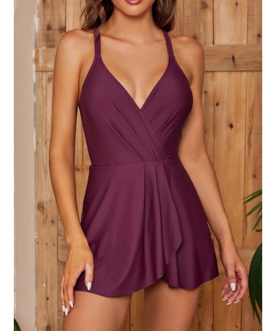 One Piece Swimdress Swimsuits for Women V Neck Crisscross Swim Dresses Skirted Tummy Control Bathing Suit Blackberry $18.47 S...