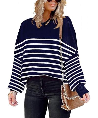 Womens Oversize Knit Striped Sweater Crewneck Long Sleeve Side Slit Batwing Ribbed Pullover Sweater Top Block Blue $17.20 Swe...