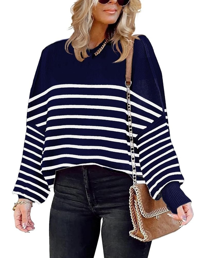 Womens Oversize Knit Striped Sweater Crewneck Long Sleeve Side Slit Batwing Ribbed Pullover Sweater Top Block Blue $17.20 Swe...