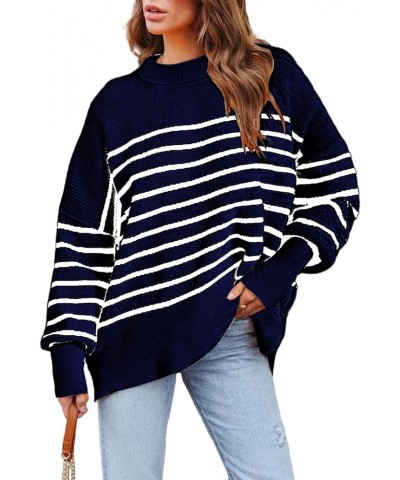 Womens Oversize Knit Striped Sweater Crewneck Long Sleeve Side Slit Batwing Ribbed Pullover Sweater Top Block Blue $17.20 Swe...