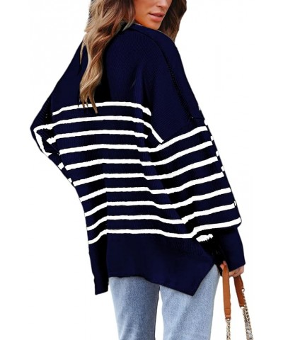 Womens Oversize Knit Striped Sweater Crewneck Long Sleeve Side Slit Batwing Ribbed Pullover Sweater Top Block Blue $17.20 Swe...