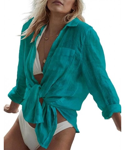 Women Long Sleeve Beach Shirt Blouses Bathing Suit Cover Up Button Down Collar G-peacock Green $13.20 Swimsuits