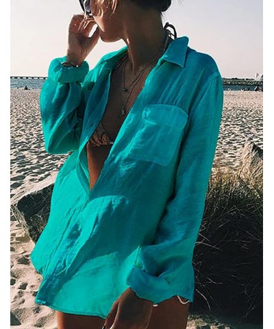 Women Long Sleeve Beach Shirt Blouses Bathing Suit Cover Up Button Down Collar G-peacock Green $13.20 Swimsuits