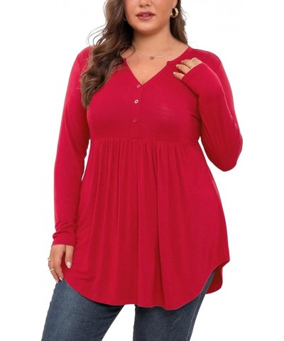 Women's Plus Size Henley Shirts V Neck Button Tunic Tops Casual Long Sleeve Swing Flowy Blouse Long Sleeve Red $9.61 Tops