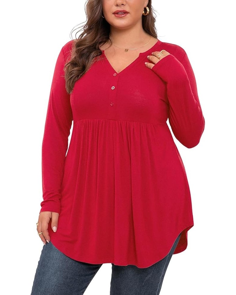 Women's Plus Size Henley Shirts V Neck Button Tunic Tops Casual Long Sleeve Swing Flowy Blouse Long Sleeve Red $9.61 Tops