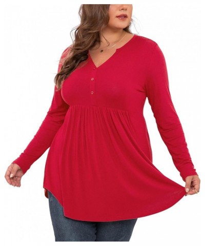 Women's Plus Size Henley Shirts V Neck Button Tunic Tops Casual Long Sleeve Swing Flowy Blouse Long Sleeve Red $9.61 Tops