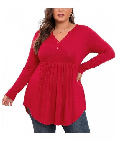 Women's Plus Size Henley Shirts V Neck Button Tunic Tops Casual Long Sleeve Swing Flowy Blouse Long Sleeve Red $9.61 Tops