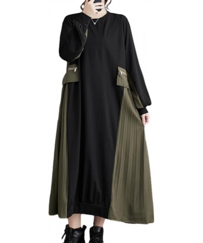 Women's Baggy Patchwork Color Cargo Style Crew Neck Dress with Pleated Hem GZ30 A Black Green $20.22 Dresses