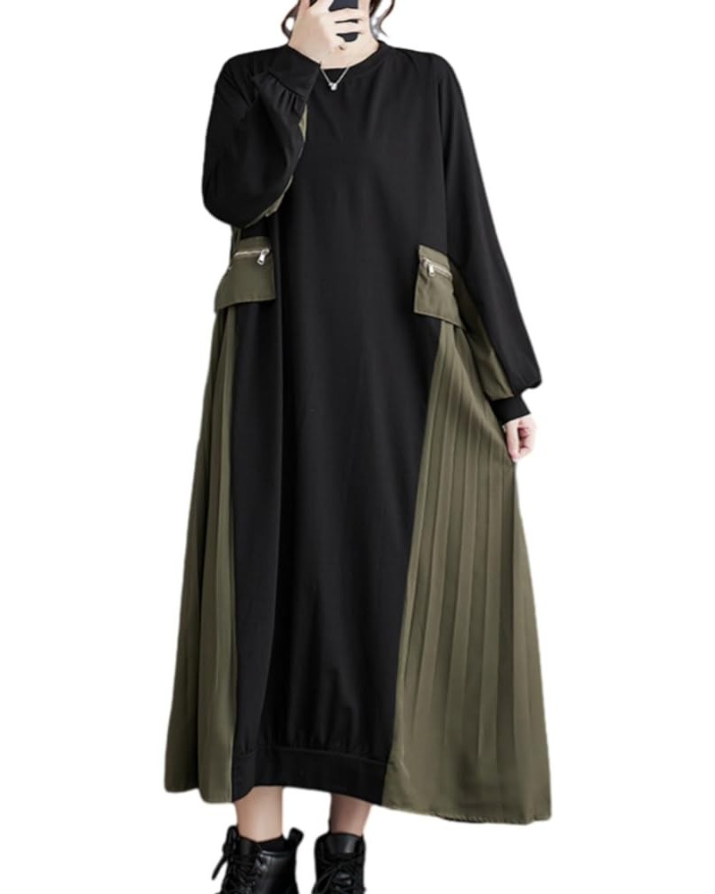 Women's Baggy Patchwork Color Cargo Style Crew Neck Dress with Pleated Hem GZ30 A Black Green $20.22 Dresses