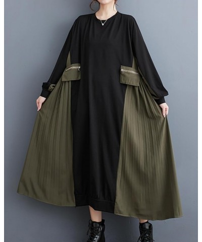 Women's Baggy Patchwork Color Cargo Style Crew Neck Dress with Pleated Hem GZ30 A Black Green $20.22 Dresses