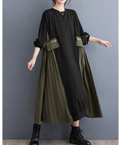 Women's Baggy Patchwork Color Cargo Style Crew Neck Dress with Pleated Hem GZ30 A Black Green $20.22 Dresses