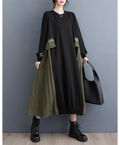 Women's Baggy Patchwork Color Cargo Style Crew Neck Dress with Pleated Hem GZ30 A Black Green $20.22 Dresses