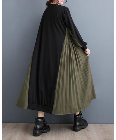 Women's Baggy Patchwork Color Cargo Style Crew Neck Dress with Pleated Hem GZ30 A Black Green $20.22 Dresses