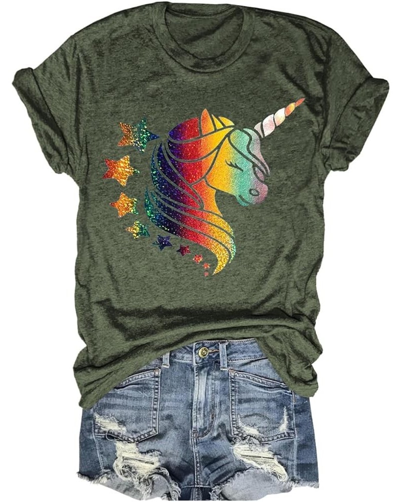 Women's Glitter Unicorn Shirt Funny Birthday T-Shirt Cute Magical Graphic Tees for Teen Girl Z-green $12.87 T-Shirts