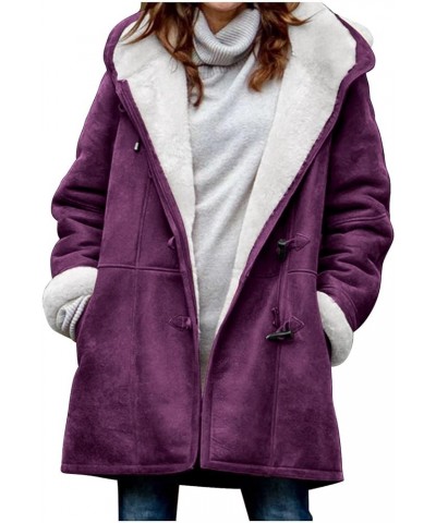 Women Wool Liner Sherpa Pea Coats Casual Sized Long Sleeve Fuzzy Outerwear Soft Horn Button Fleece Thicken Coat Purple 5 $14....