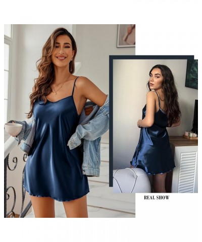 Women Sleepwear Satin Nightgown Babydoll Lingerie Dress Mini Slip Chemise Nightwear Dark Blue $10.81 Sleep & Lounge