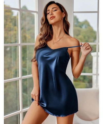 Women Sleepwear Satin Nightgown Babydoll Lingerie Dress Mini Slip Chemise Nightwear Dark Blue $10.81 Sleep & Lounge