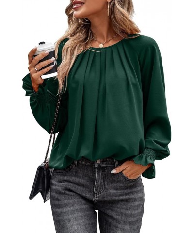 Womens Pleated Tunic Tops: Crew Neck Long Sleeve Solid Color Casual Trendy Work Business Blouses Tops Dark Green $20.29 Blouses