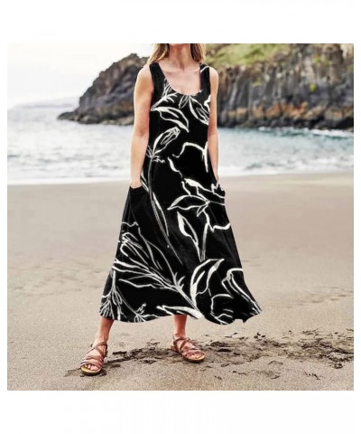 Summer Dresses for Women Boho Casual Sleeveless Dress for Holiday with Pokets Long Maxi Hawaiian Beach Clothes A5-black $11.0...