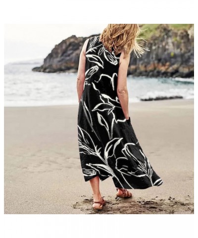 Summer Dresses for Women Boho Casual Sleeveless Dress for Holiday with Pokets Long Maxi Hawaiian Beach Clothes A5-black $11.0...