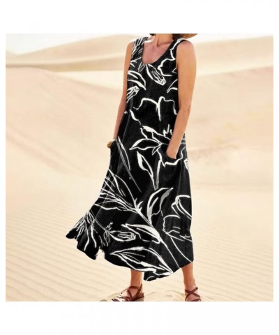 Summer Dresses for Women Boho Casual Sleeveless Dress for Holiday with Pokets Long Maxi Hawaiian Beach Clothes A5-black $11.0...