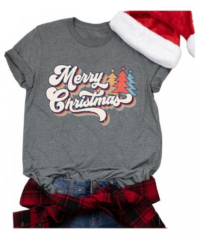 Merry Christmas Shirts for Women Christmas Tree Graphic Print Short Sleeve Vintage Xmas Holiday Tops Lightgrey $12.30 T-Shirts