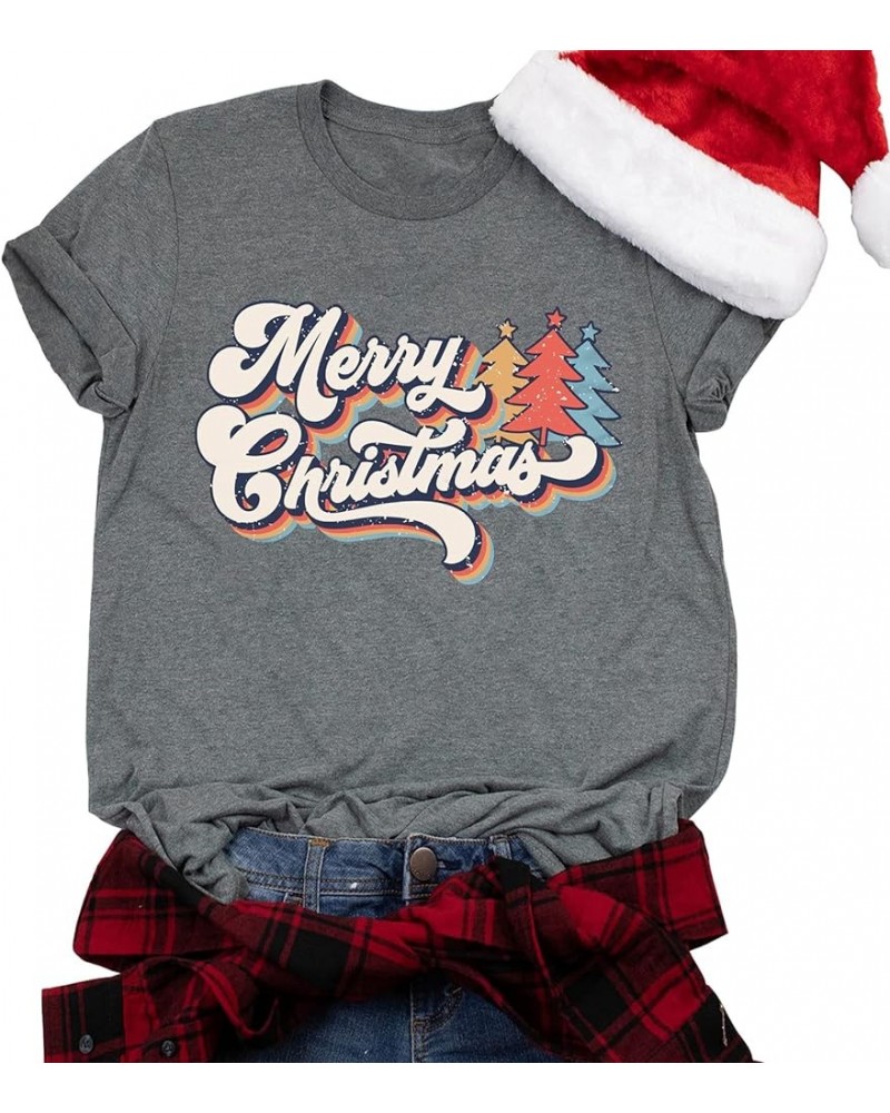 Merry Christmas Shirts for Women Christmas Tree Graphic Print Short Sleeve Vintage Xmas Holiday Tops Lightgrey $12.30 T-Shirts