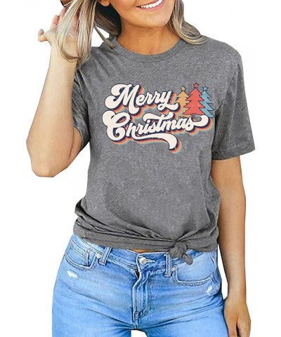 Merry Christmas Shirts for Women Christmas Tree Graphic Print Short Sleeve Vintage Xmas Holiday Tops Lightgrey $12.30 T-Shirts