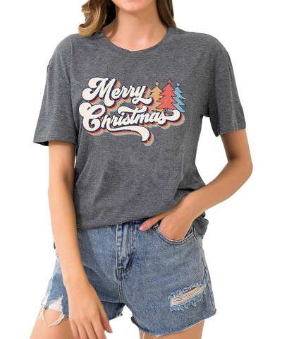 Merry Christmas Shirts for Women Christmas Tree Graphic Print Short Sleeve Vintage Xmas Holiday Tops Lightgrey $12.30 T-Shirts