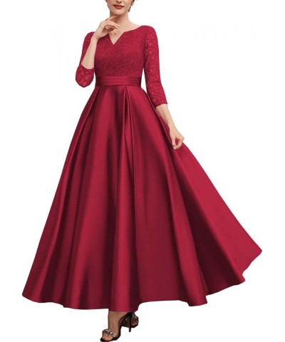 Mother of The Bride Dresses with Sleeves Lace Wedding Guest Dresses for Women Satin Formal Evening Gowns V Neck 076 Burgundy ...