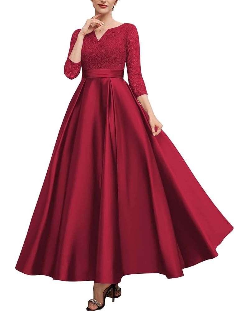 Mother of The Bride Dresses with Sleeves Lace Wedding Guest Dresses for Women Satin Formal Evening Gowns V Neck 076 Burgundy ...