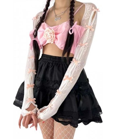 Women's Mesh Lace Shrug Crop Top Y2K Aesthetic Arm Sleeves Cardigan with Bow Grunge Cute Fairycore Accessories Pink $10.79 Sw...