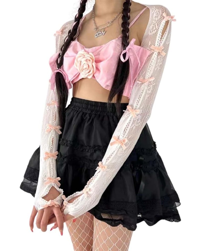 Women's Mesh Lace Shrug Crop Top Y2K Aesthetic Arm Sleeves Cardigan with Bow Grunge Cute Fairycore Accessories Pink $10.79 Sw...