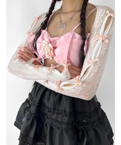 Women's Mesh Lace Shrug Crop Top Y2K Aesthetic Arm Sleeves Cardigan with Bow Grunge Cute Fairycore Accessories Pink $10.79 Sw...