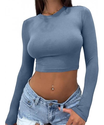 Women's Slim fit Long Sleeve Crop Tops Y2K Crewneck Cute Sexy Cropped T Shirts (Green, M) Small Haze Blue $10.99 T-Shirts