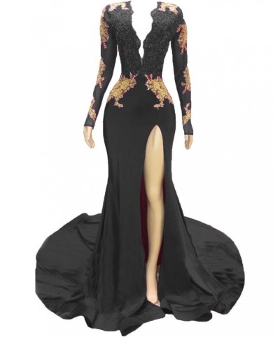 Women's 2019 Backless Mermaid Prom Dresses Gold Lace Appliques Side Slit Long Sleeves Evening Gown Black B 16 $58.74 Dresses