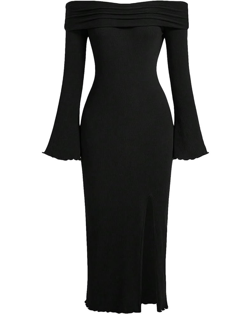 Women's Off Shoulder Long Sleeve Ribbed Knit Split Thigh Maxi Long Bodycon Dress Black $18.45 Dresses