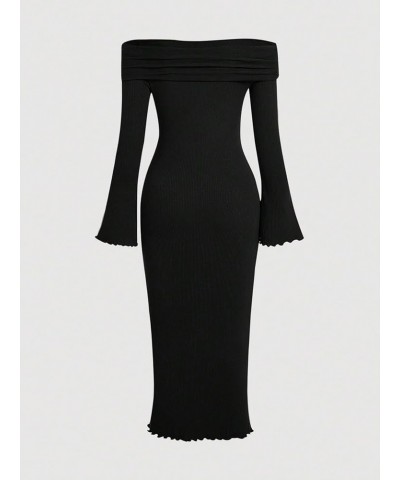 Women's Off Shoulder Long Sleeve Ribbed Knit Split Thigh Maxi Long Bodycon Dress Black $18.45 Dresses