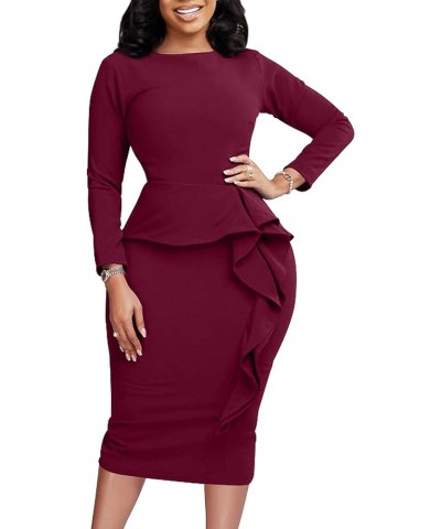 Women's Sexy Long Sleeve Elegant Bodycon Ruffle Formal Midi Cocktail Party Dress Wine Red $16.00 Dresses