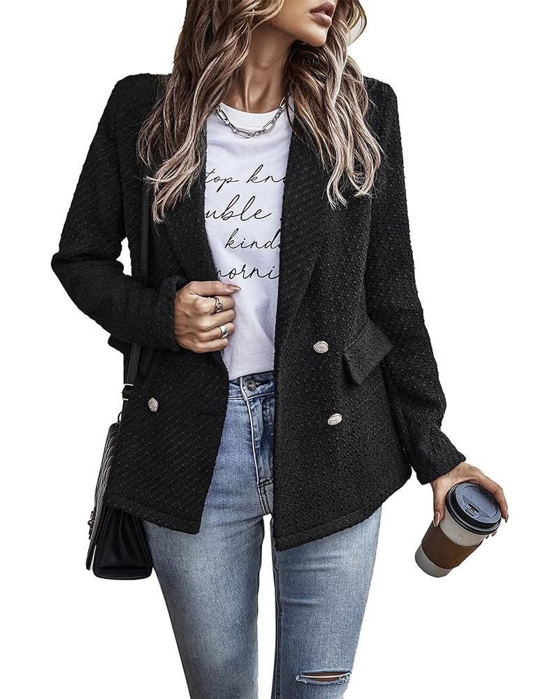 Women's Casual Blazers Long Sleeve Open Front Button Work Office Blazer Jackets with Pockets Tweed Black $20.09 Blazers