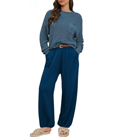 Women 2 Piece Sweater Set Mock Neck Long Sleeve Knit Top High Waist Pant Sweatsuit Lounge Sets Prussian Blue $26.99 Sleep & L...