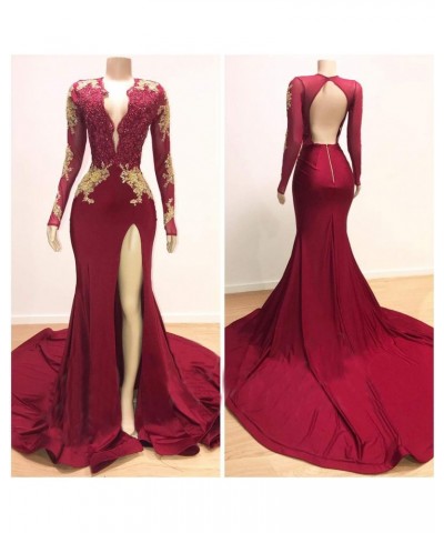 Women's 2019 Backless Mermaid Prom Dresses Gold Lace Appliques Side Slit Long Sleeves Evening Gown Black B 16 $58.74 Dresses