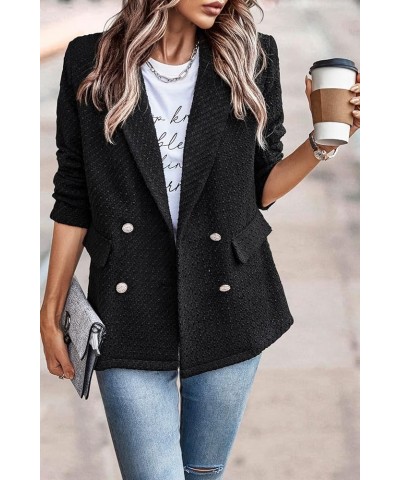 Women's Casual Blazers Long Sleeve Open Front Button Work Office Blazer Jackets with Pockets Tweed Black $20.09 Blazers