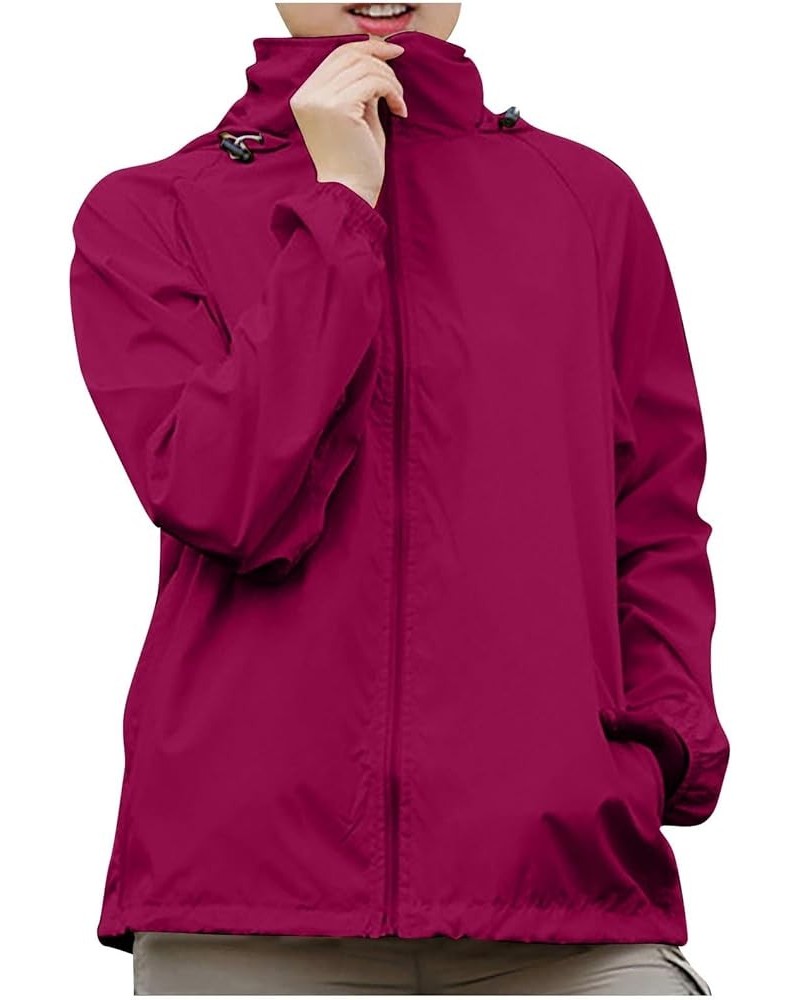 Women's Raincoats Waterproof Windbreaker Windproof Solid Color Rain Jacket Lightweight Outdoor Hooded Trench Coats Wine $7.06...